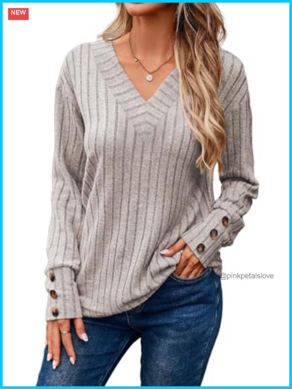 Long Sleeve Knit Pullover Sweater V-Neck Button Casual Tunic